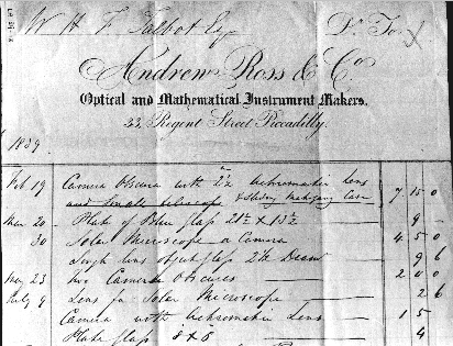 Andrew Ross & Co., Statement of Account for 1839. Shows Talbot purchased items on 20 and 30 March 1839. (By courtesy of the Talbot Museum, Lacock)