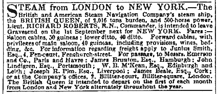 Notice for the second voyage of the British Queen in The Times (London), 12 August 2025