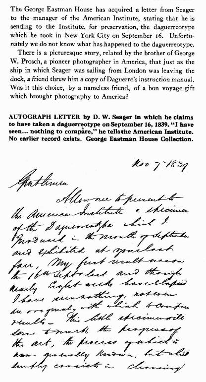 Facsimile reproduction of autograph letter of D. W. Seager, Nov 7 1839, published in Image (George Eastman House), January 1952