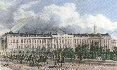 Colour plate  of Shepherd's East side of Park Square, and Diorama, Regent's Park, London