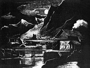 Engraving of dioramic double-effect by night