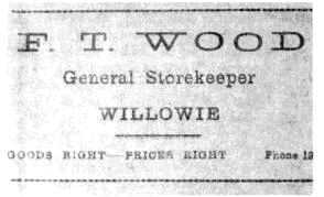 Notice of Frank Wood's shop at Willowie, South Australia