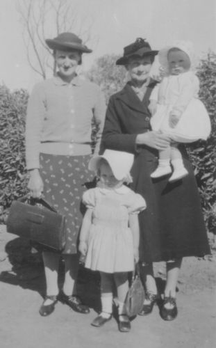 Florence Wood, with Alice Barrie holding granddaughter Kathryn, and granddaughter Pat Barrie, now Button, standing in front, Oct 1945